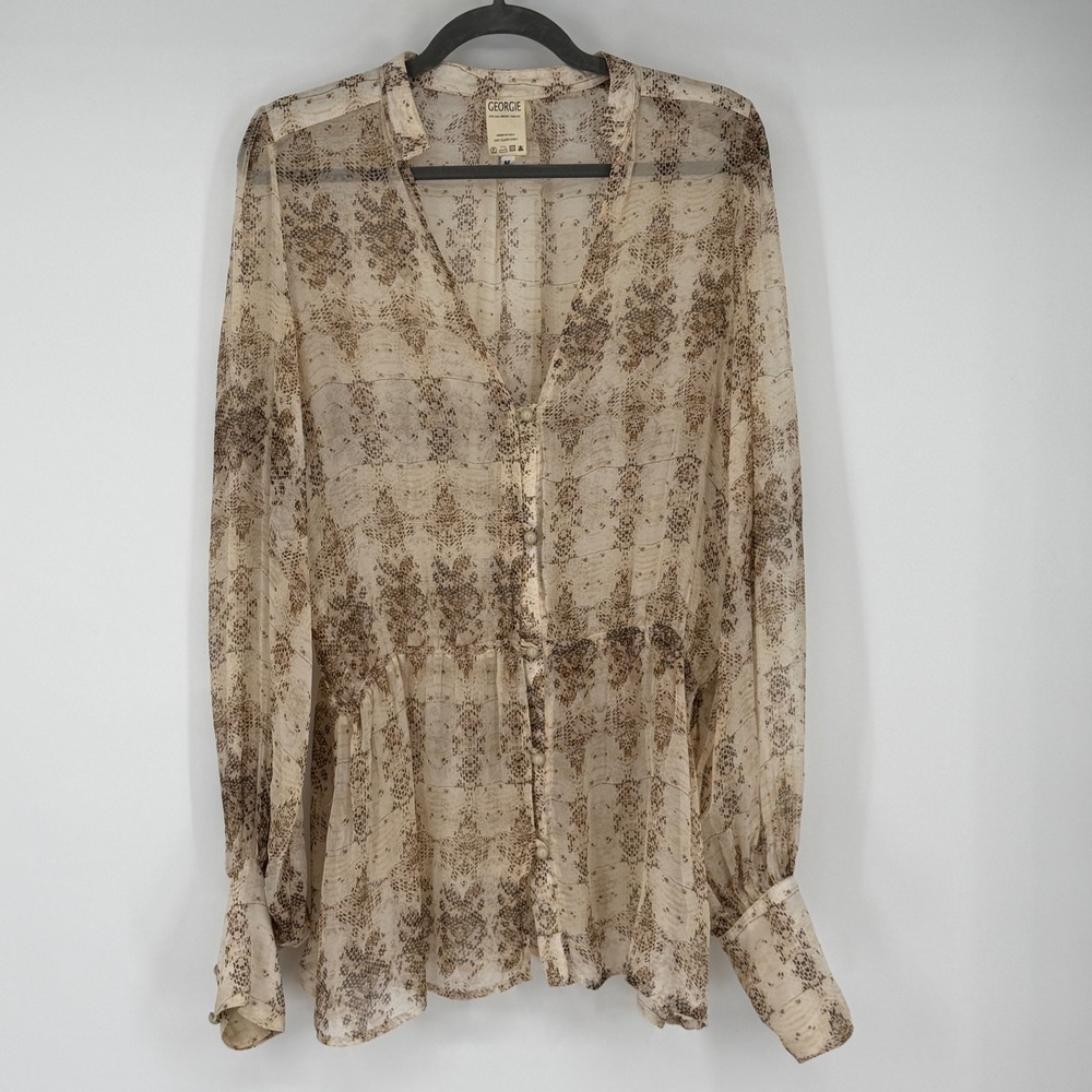 Georgie 100% Silk Sheer Snakeskin Print Peplum Blouse Brown Tan Size M USA Made